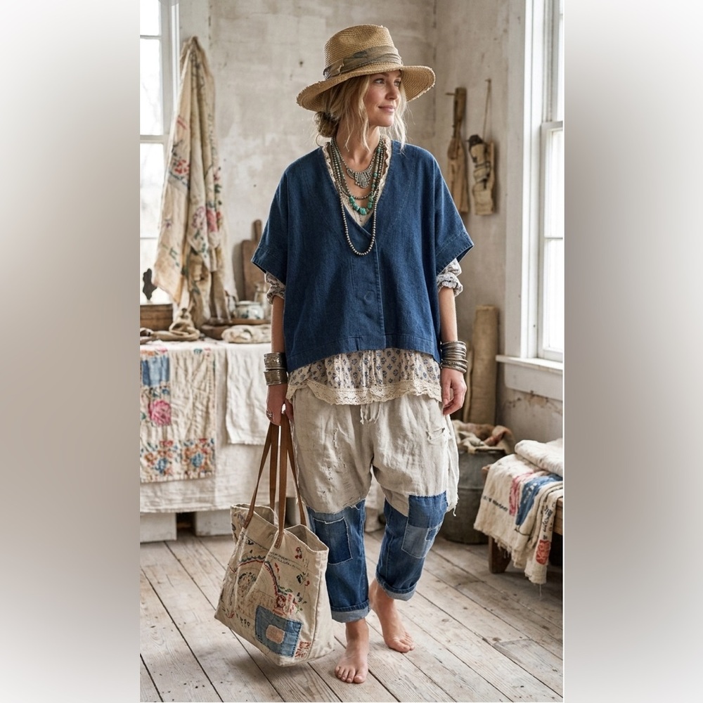 Ann Everett Designer Boxy Denim Oversized Coastal Boho Chic‎ Women's Top OS